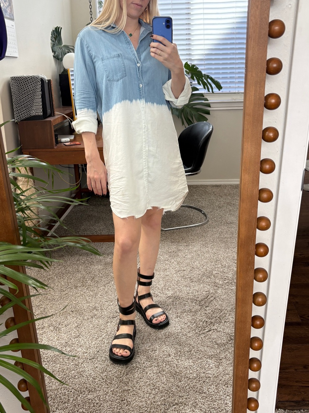 Frank Eileen Mary Shirt Short Dress Indigo Dip Dye Denim Loose Fit Mini Dress S